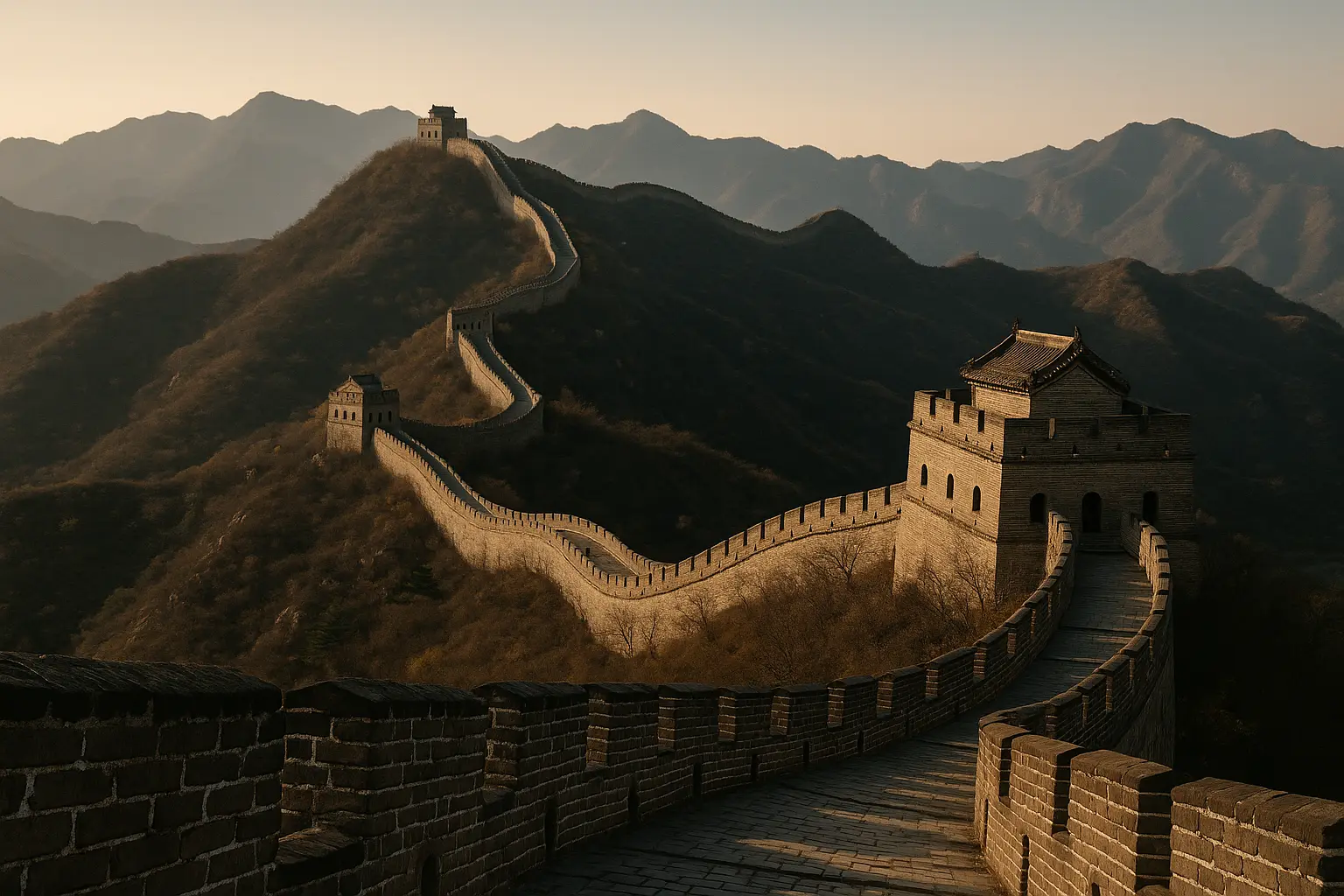 The Great Wall of China winding through mountains at Badaling section