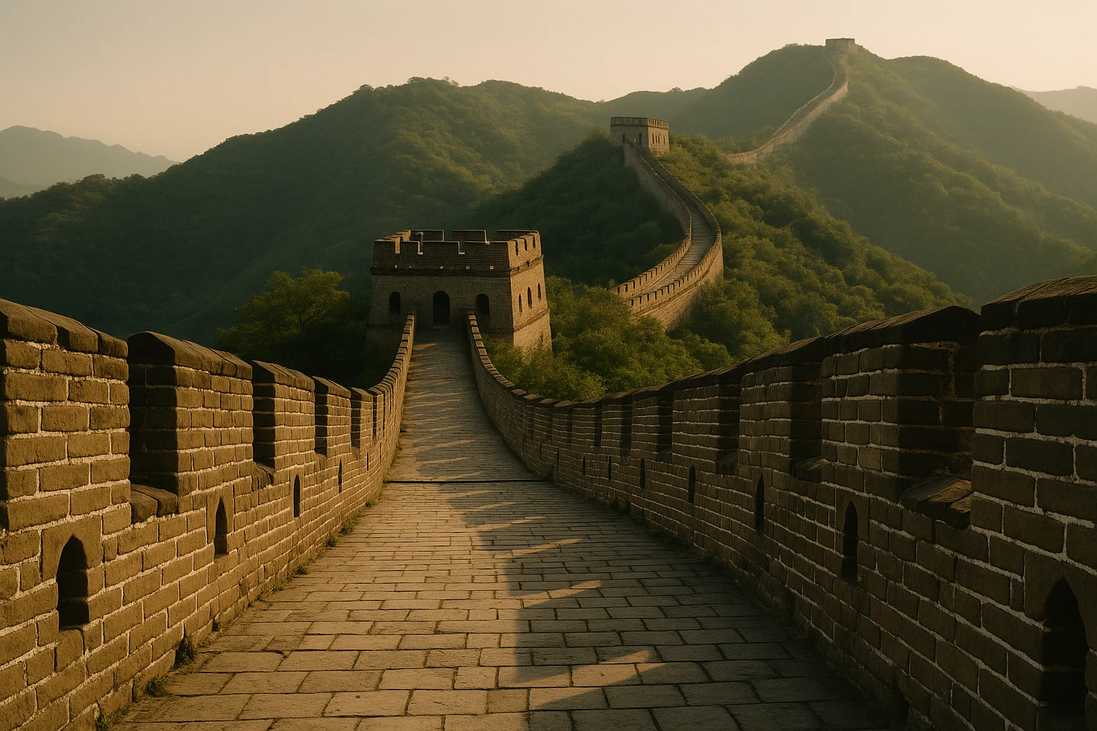 The Great Wall of China (Mutianyu) snaking over forested ridgelines in the mountains north of Beijing, China