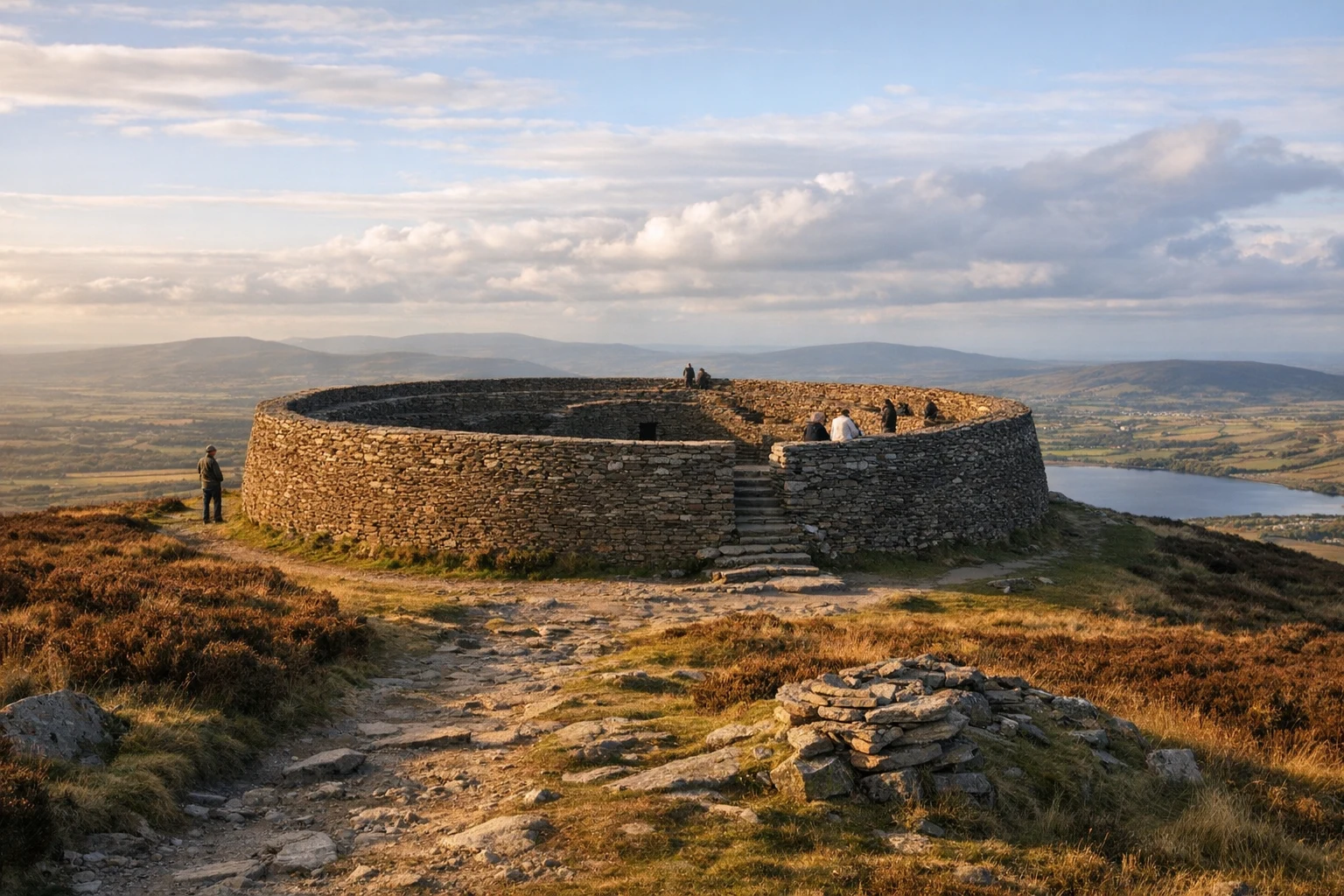 The circular stone fort of Grianan of Aileach on a hilltop in County Donegal, Ireland