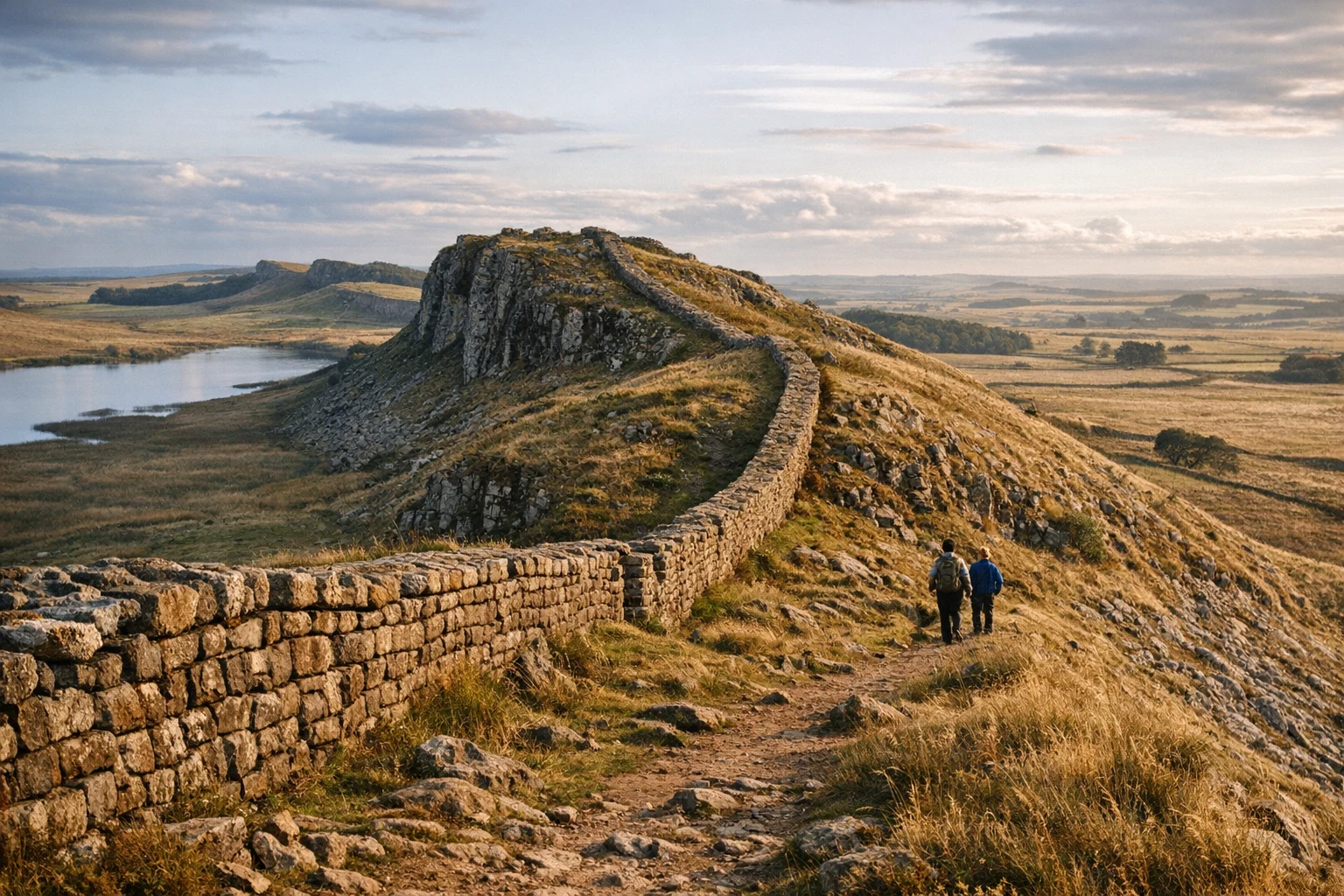 Stone stretches of Hadrian's Wall crossing the landscape of northern England in the United Kingdom