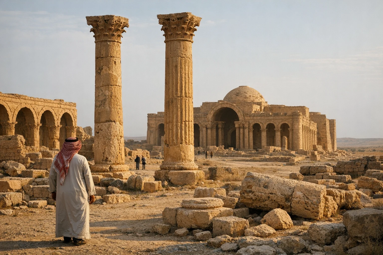 Ruins of Hatra in Iraq with temple columns and desert landscape