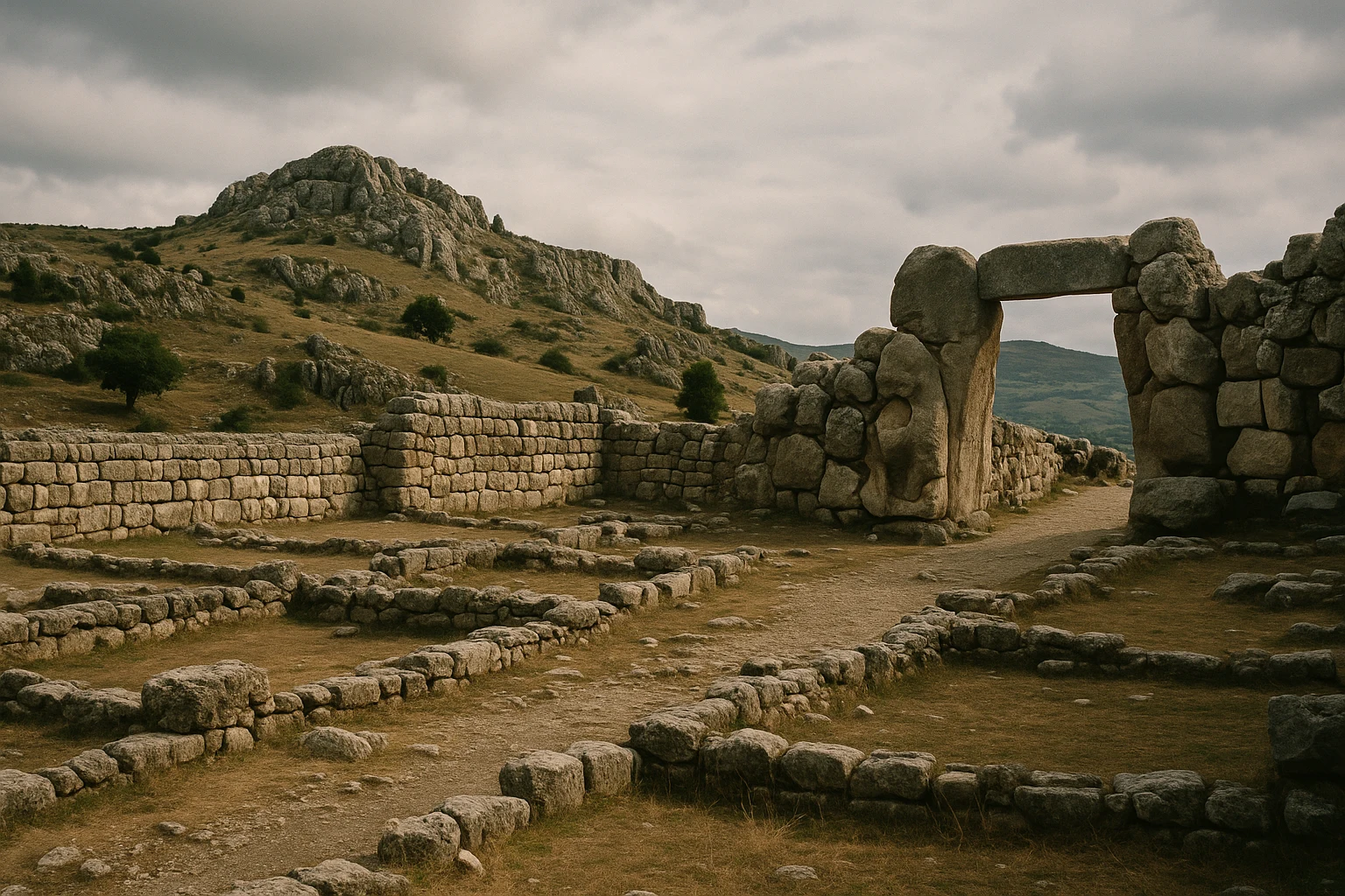 Stone fortification walls and gate sculptures at Hattusa, Turkey