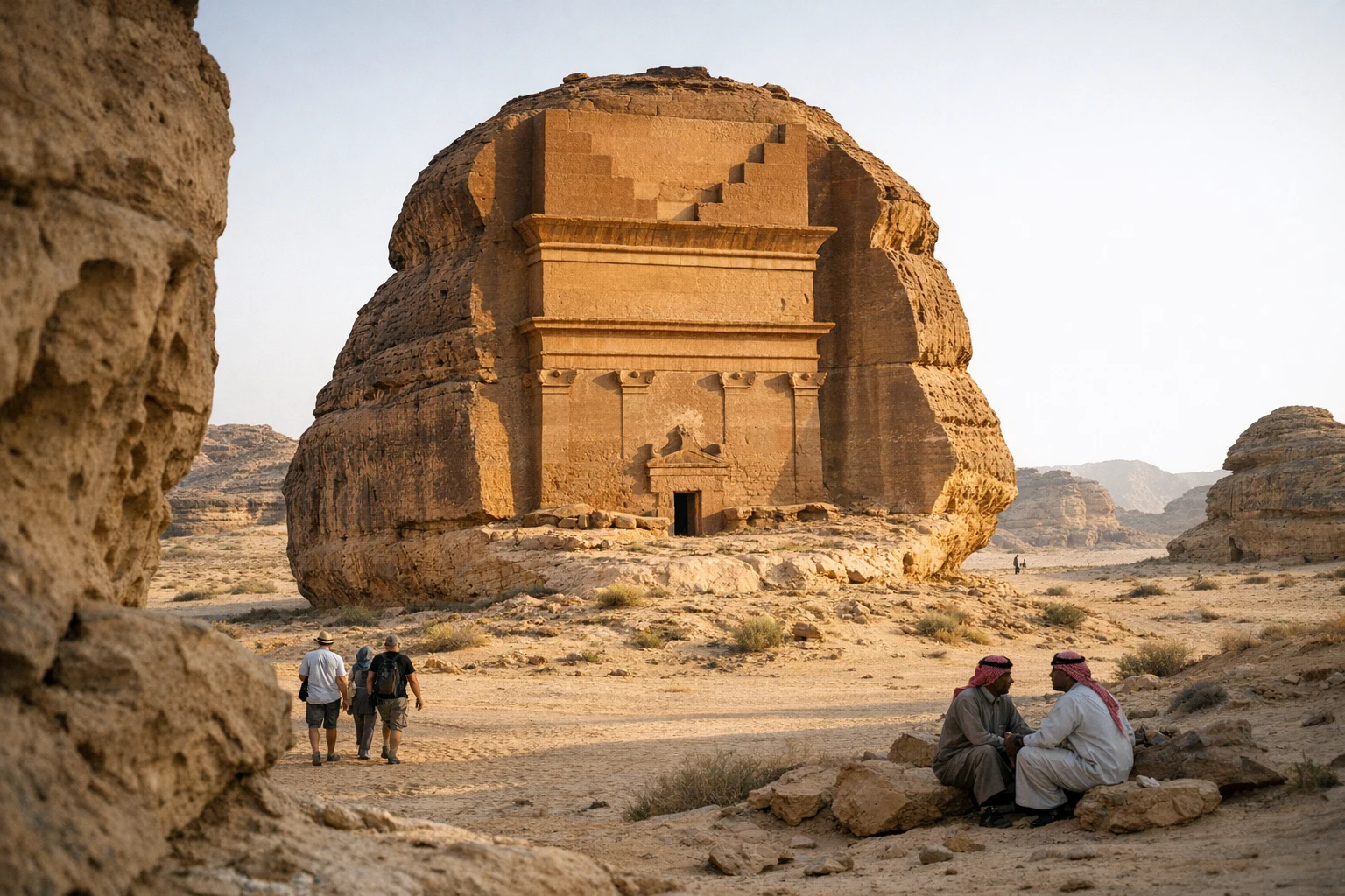 Rock-cut tombs at Hegra (Madain Saleh) in Saudi Arabia under warm desert light
