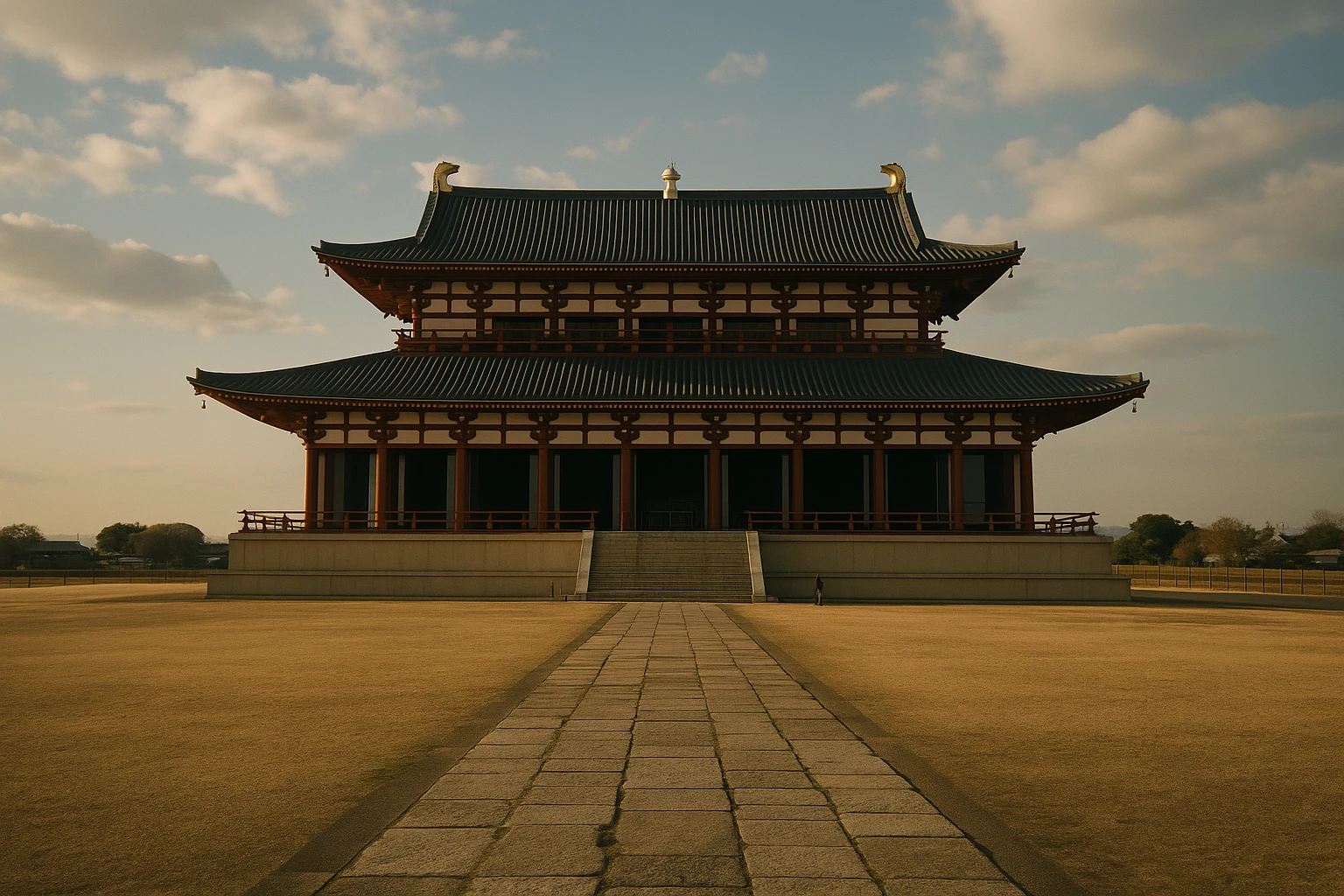 Reconstructed Daigokuden Hall rising above the open plains of Heijo Palace Site in Nara, Japan