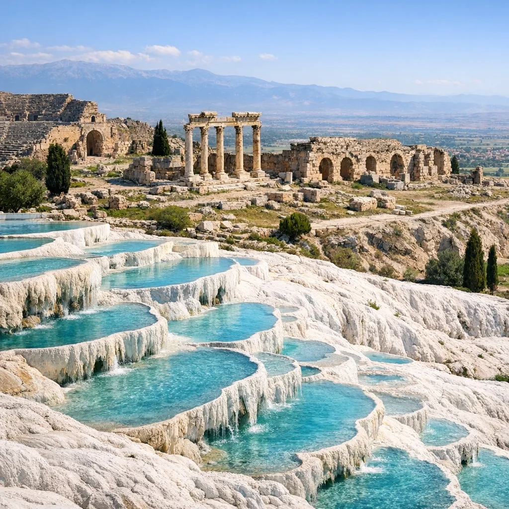 White travertine terraces of Hierapolis overlooking Pamukkale valley