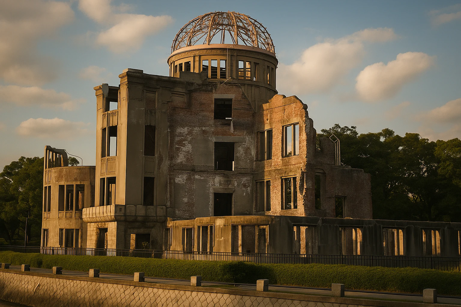 The skeletal iron dome of the Hiroshima Peace Memorial A-Bomb Dome rising above the Motoyasu River in Japan