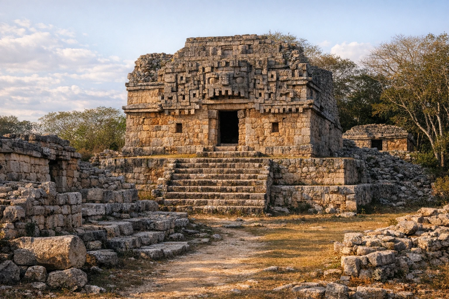 Ornately carved temple facade at Hochob in Campeche, Mexico