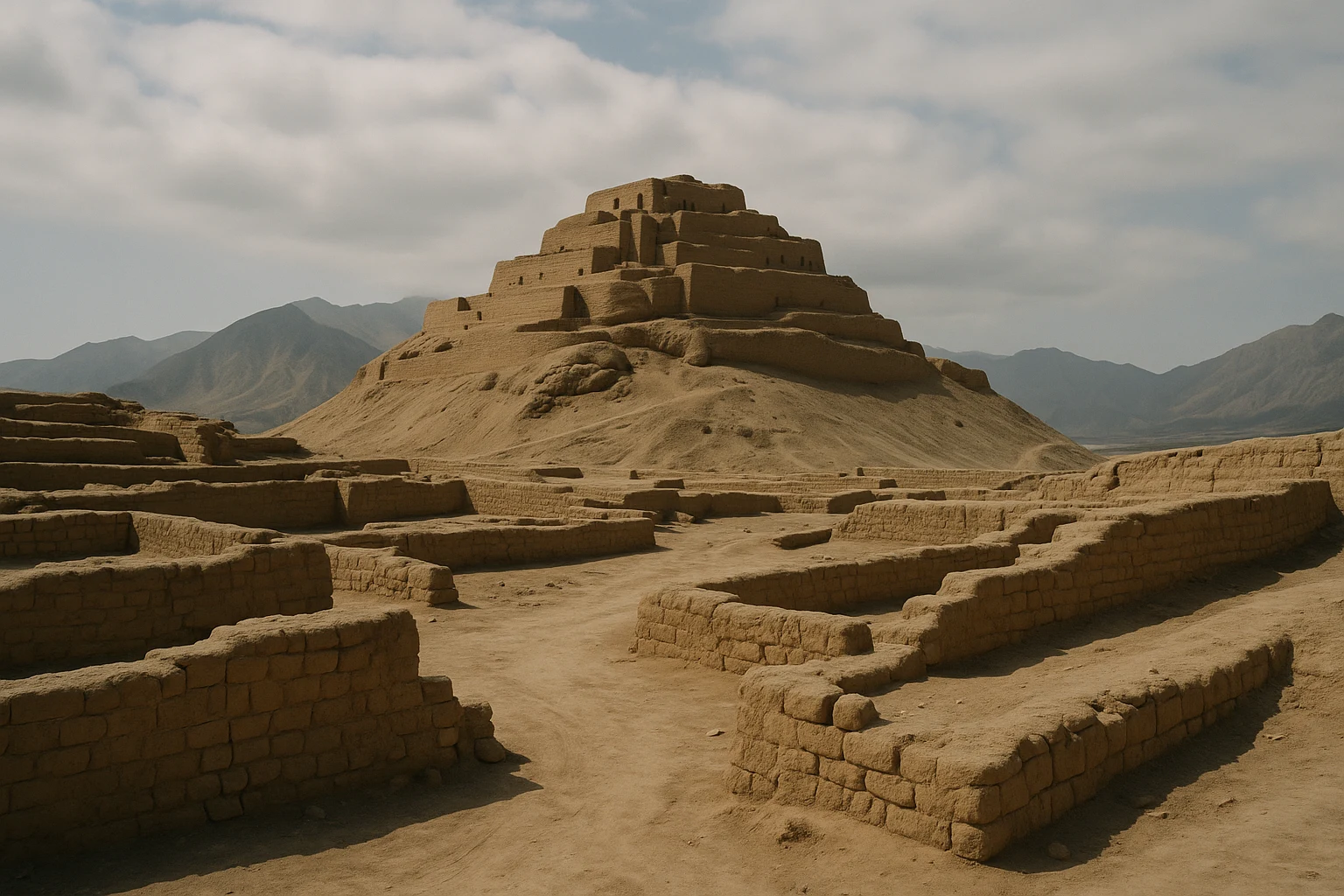 Adobe terraces and defensive walls at Huaca Fortaleza Paramonga, Peru