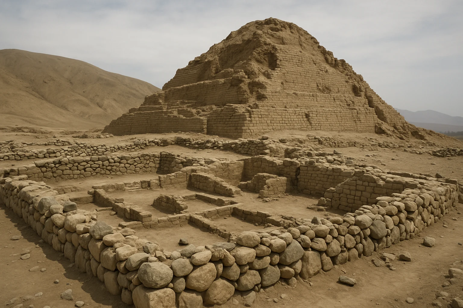 Desert mound and excavation area at Huaca Malena, Cañete Valley, Peru