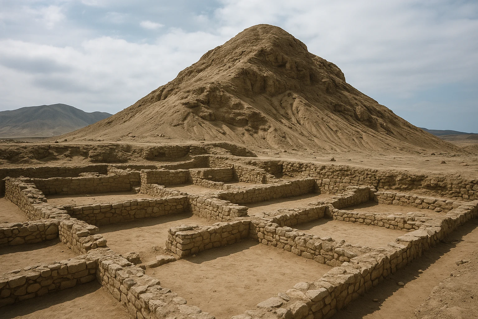 Eroded archaeological mound and coastal desert landscape at Huaca Prieta, Peru