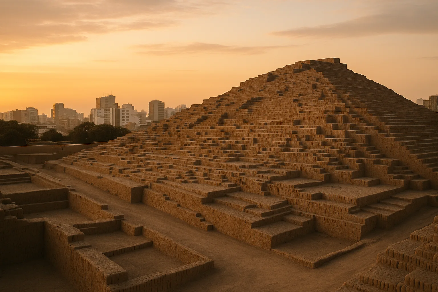 Adobe pyramid terraces of Huaca Pucllana in Miraflores, Lima, Peru