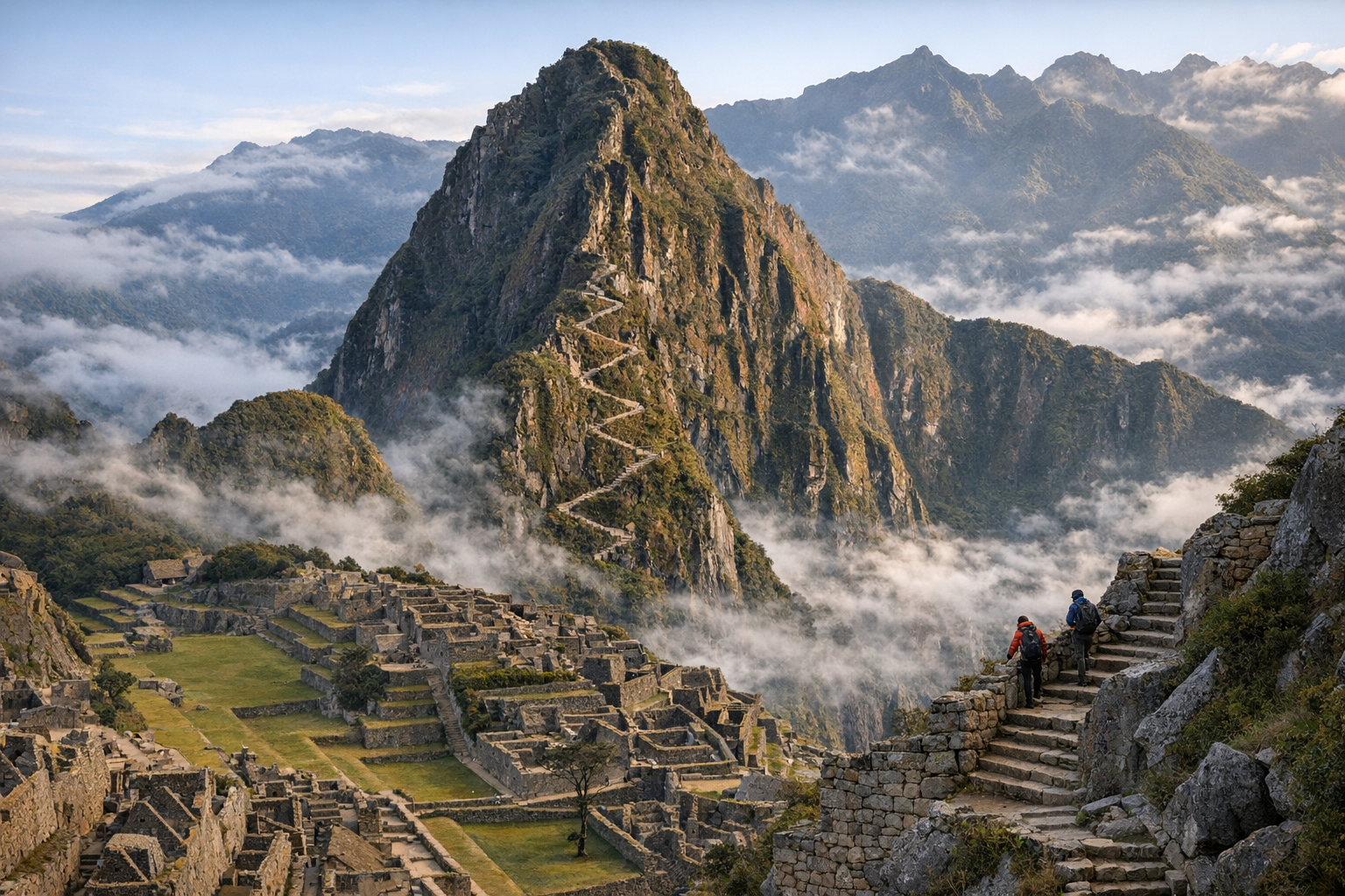 Huayna Picchu peak rising above Machu Picchu citadel, Cusco, Peru