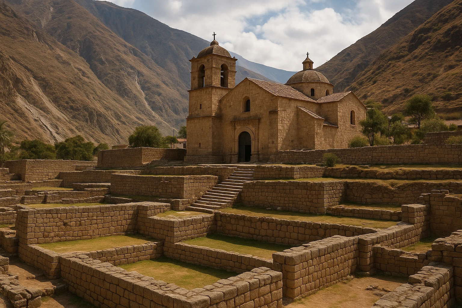 Inca stone architecture and colonial church in Huaytara, Peru