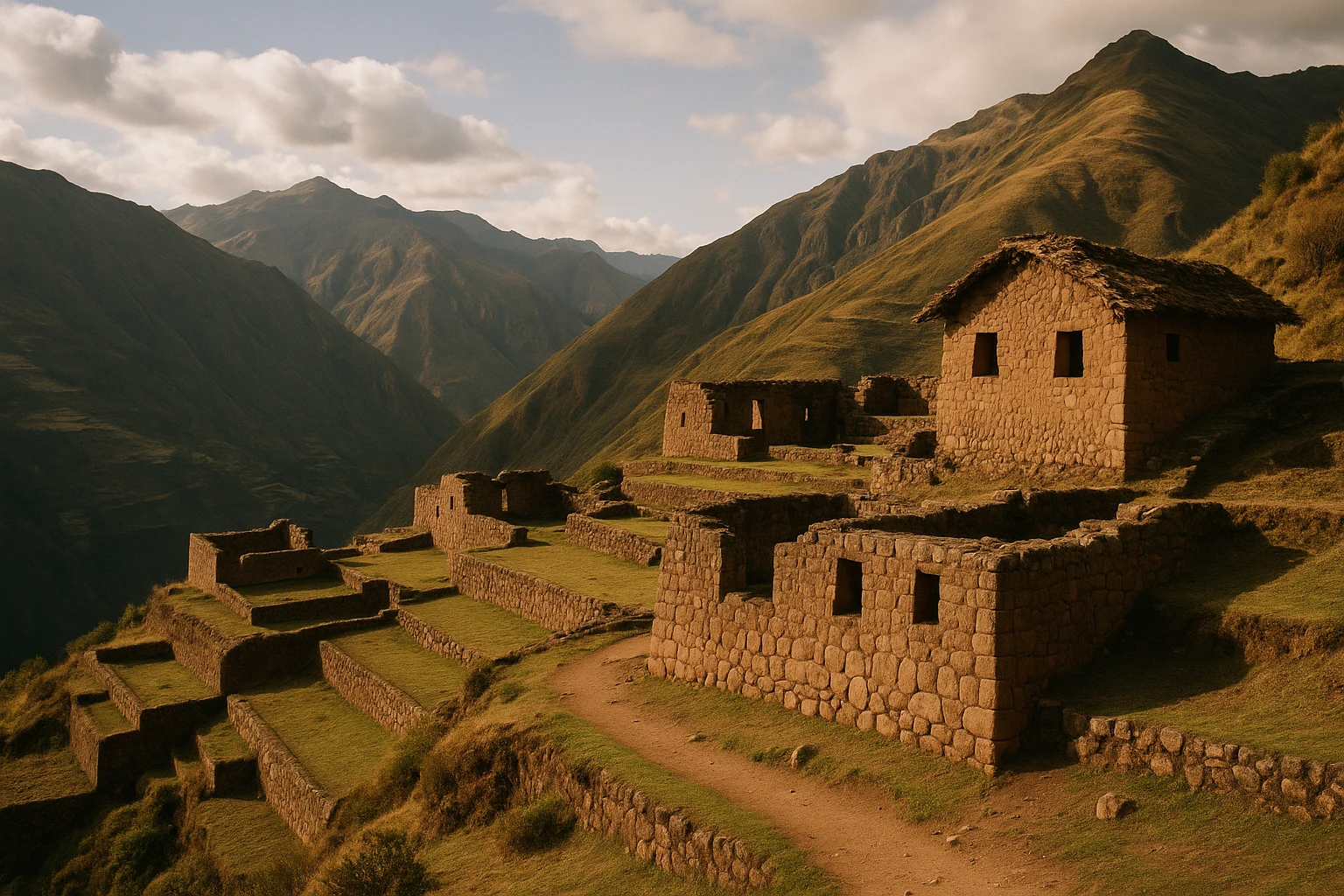 Inca terraces and stone structures at Huchuy Cusco above the Sacred Valley, Peru