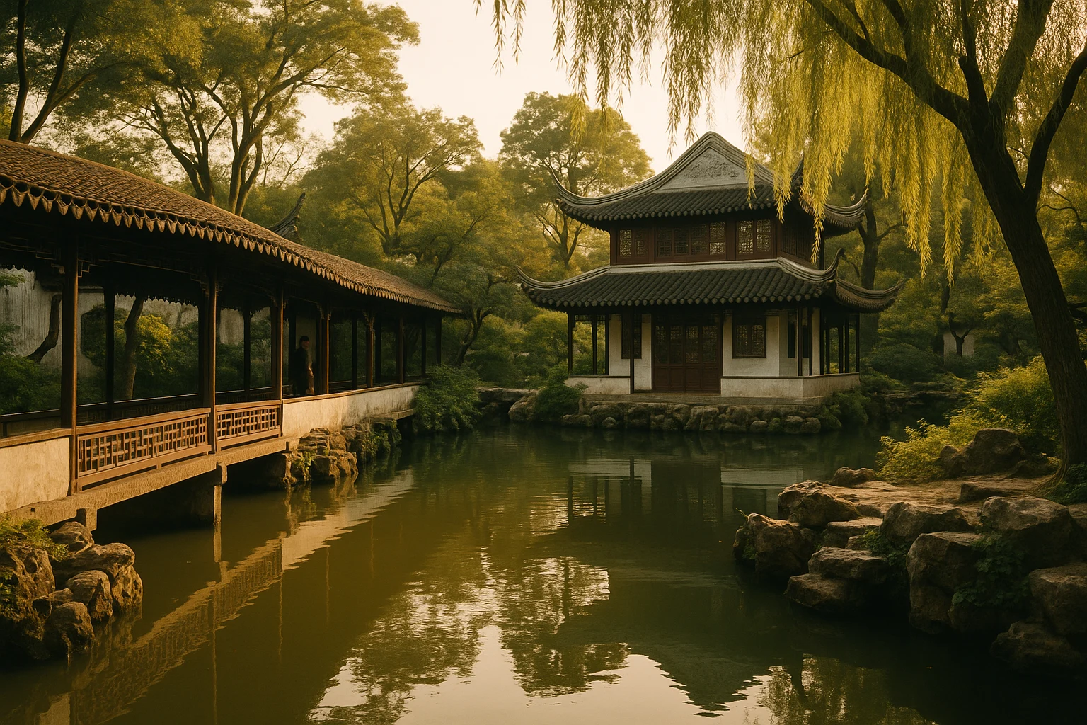 Pavilions and lotus ponds reflected in still water at the Humble Administrator's Garden in Suzhou, China