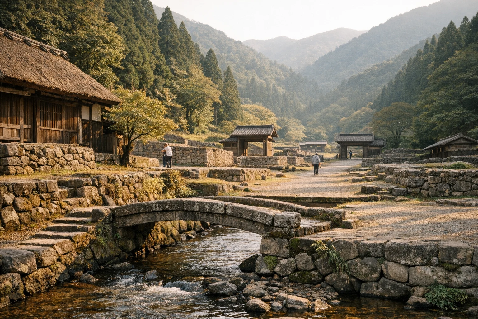 Reconstructed streets and excavated ruins at Ichijodani Asakura Ruins in Japan