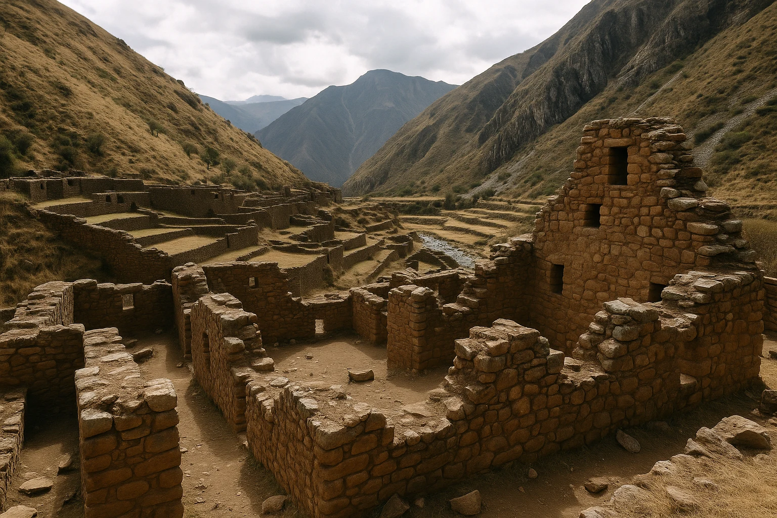 Stone terraces and ceremonial platform at Incahuasi, Sacred Valley, Peru
