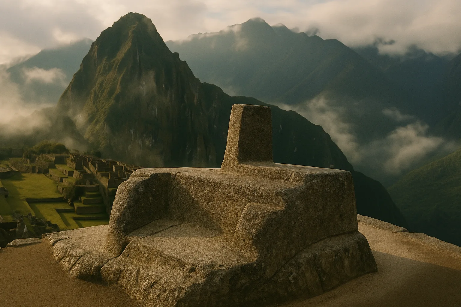 Intihuatana carved ritual stone at Machu Picchu, Peru