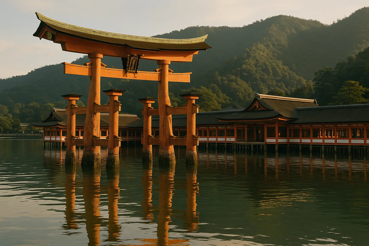 The floating torii gate of Itsukushima Shrine at high tide, Miyajima Island, Japan