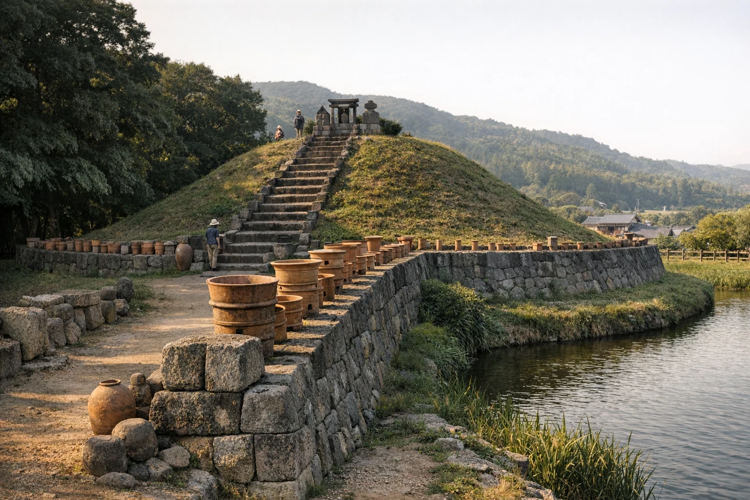 Aerial view of Iwayama Ancient Tomb surrounded by lush greenery in Japan