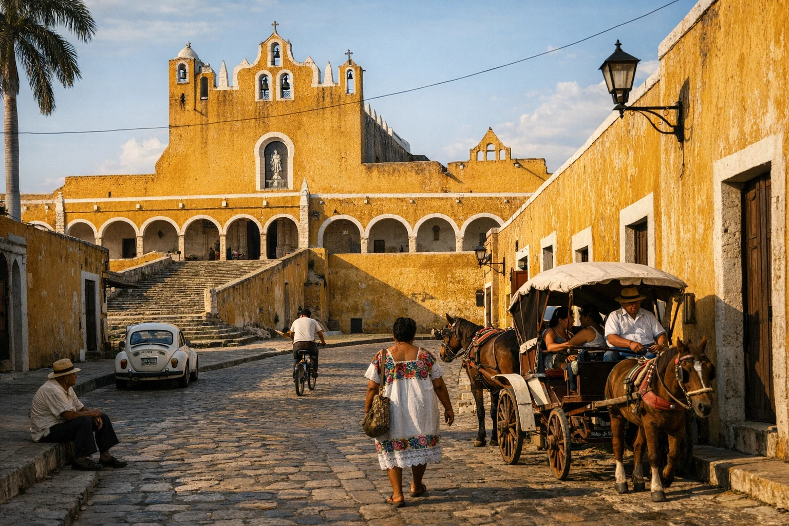 A panoramic view of the yellow buildings and ancient pyramids of Izamal, Mexico