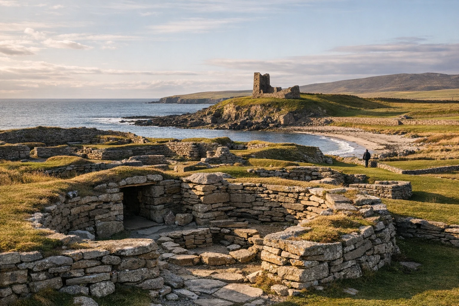 Archaeological remains at Jarlshof in the United Kingdom overlooking the Shetland coast