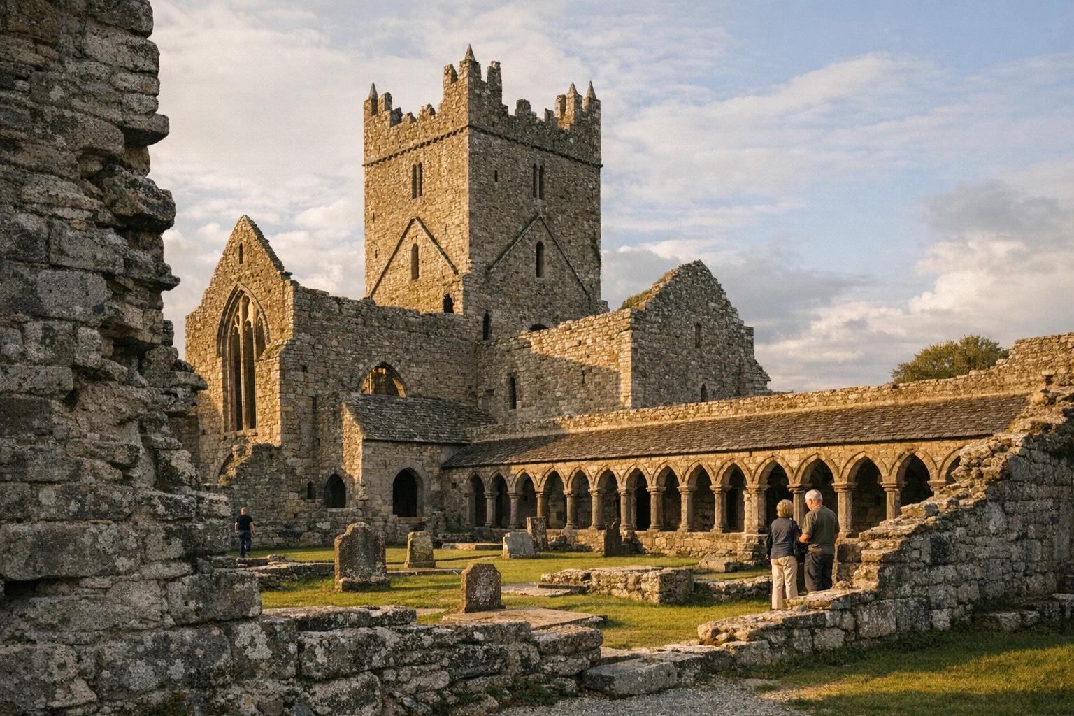 Stone cloister arcades and medieval carvings at Jerpoint Abbey in Ireland