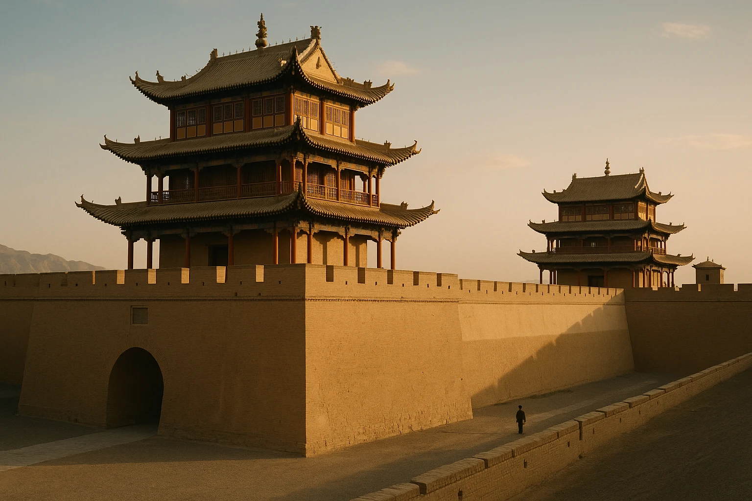 The imposing three-tiered gatehouse of Jiayuguan Fort rising above the Gobi Desert in Gansu, China