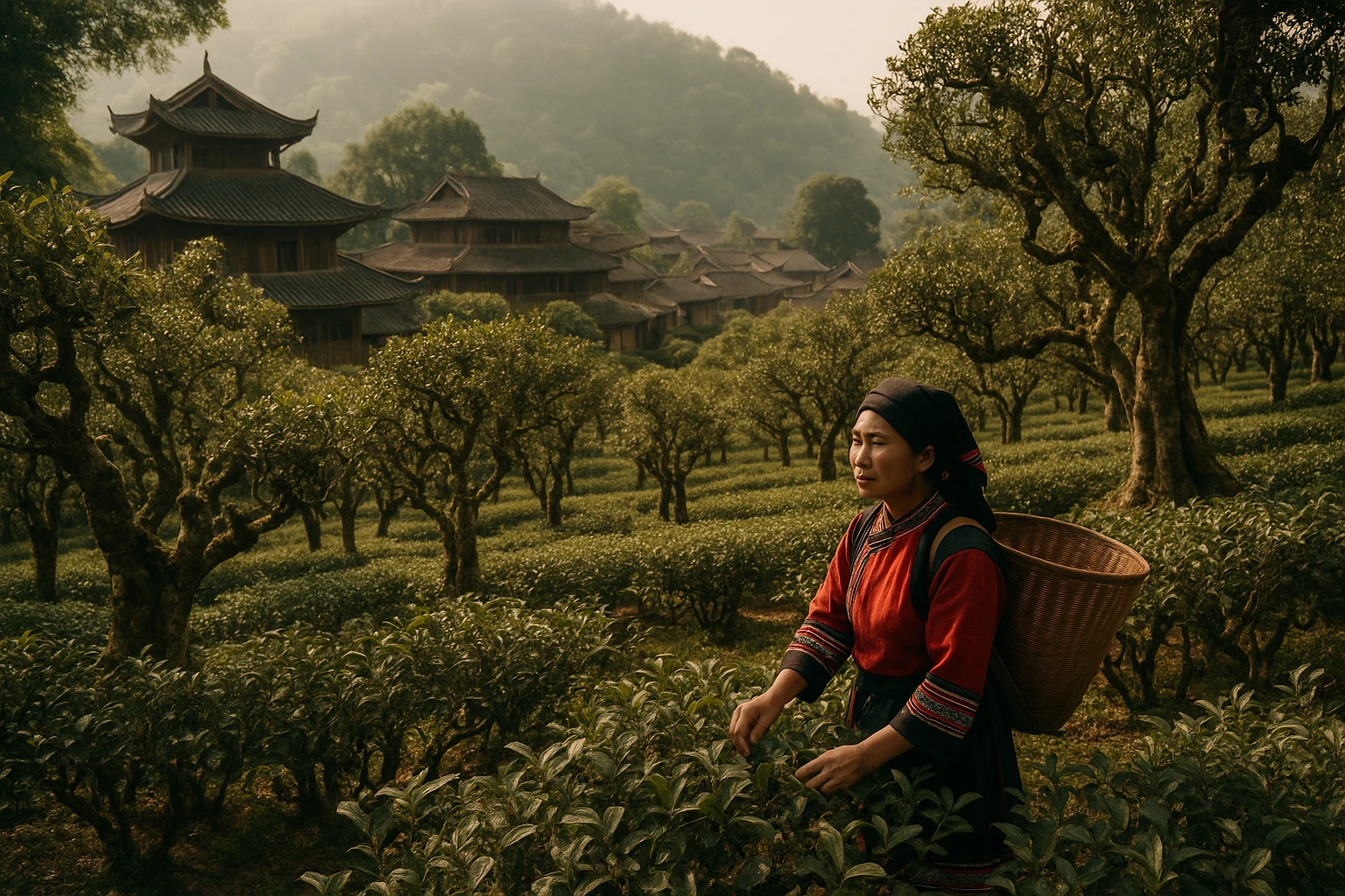 Ancient gnarled tea trees rising from misty forest terraces in the Jinghong Ancient Tea Garden, Yunnan, China