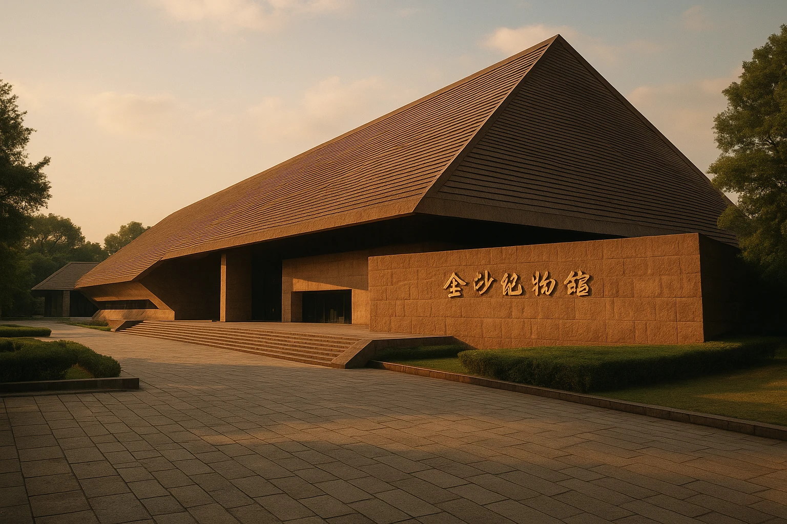The distinctive curved exhibition hall of the Jinsha Site Museum rising above the archaeological park in Chengdu, China