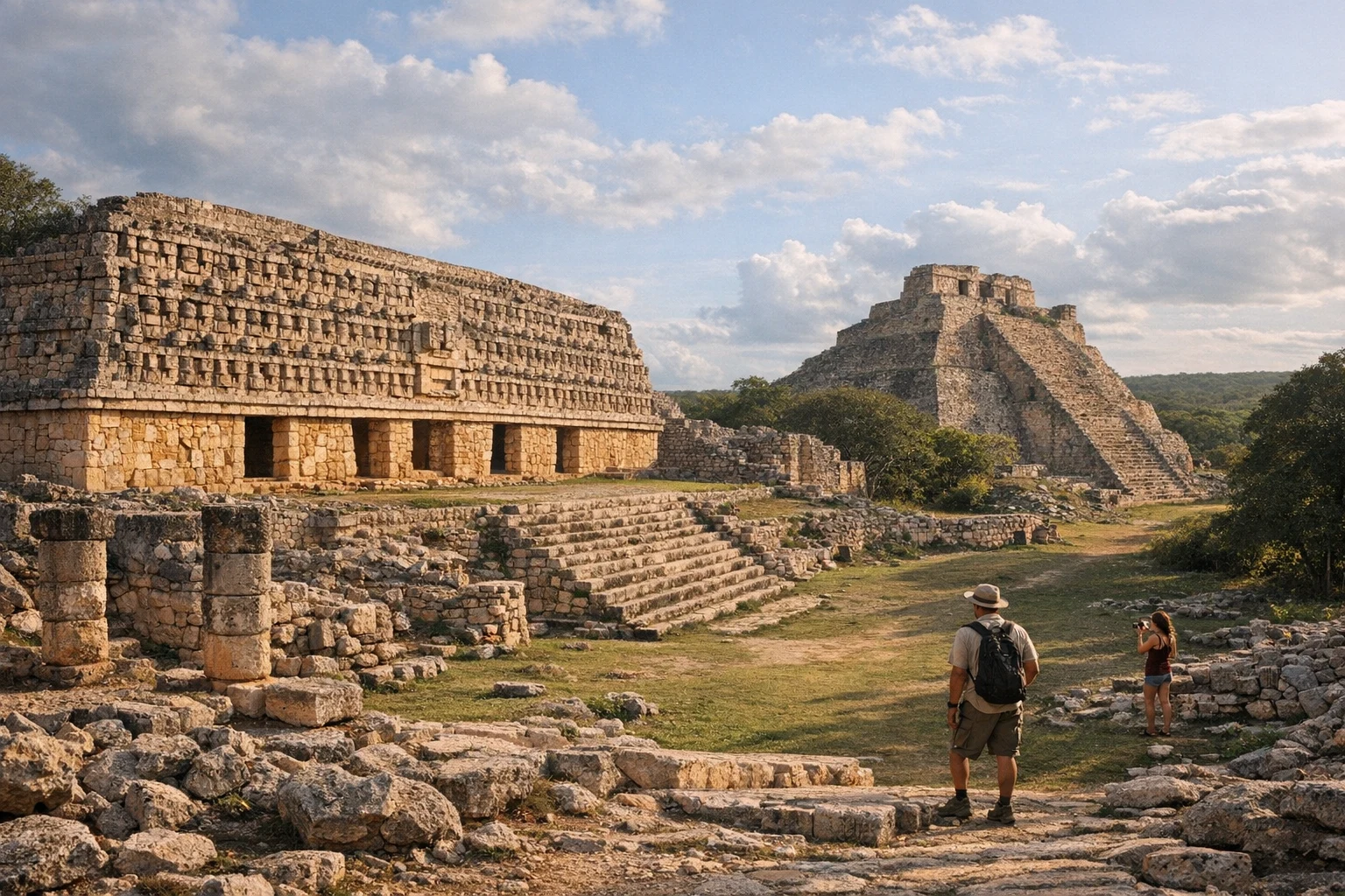 Ancient stone architecture at Kabah in Yucatán, Mexico, with ornate Puuc carvings