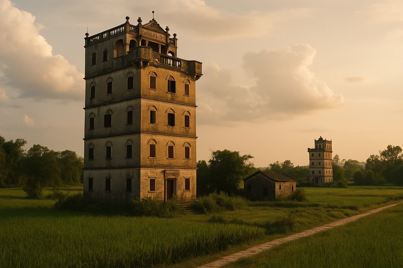 A cluster of Kaiping Diaolou watchtowers rising above rice paddies in rural Guangdong, China