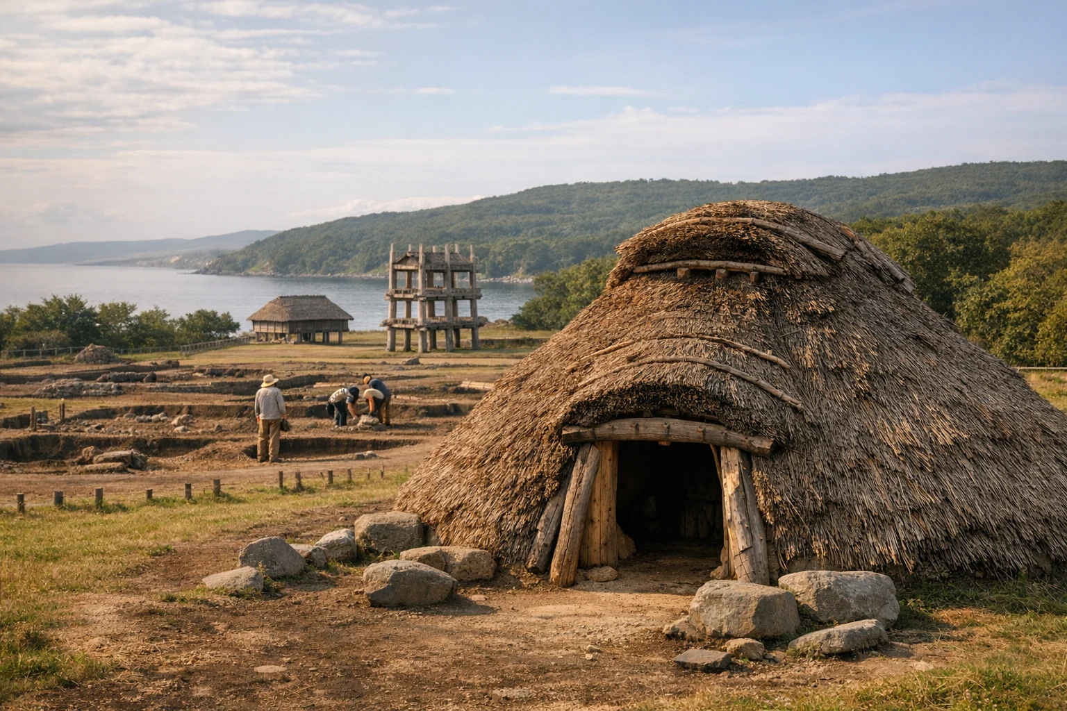 Aerial view of the Kakinoshima Site showcasing Jomon period earthworks and reconstructions in Hokkaido, Japan