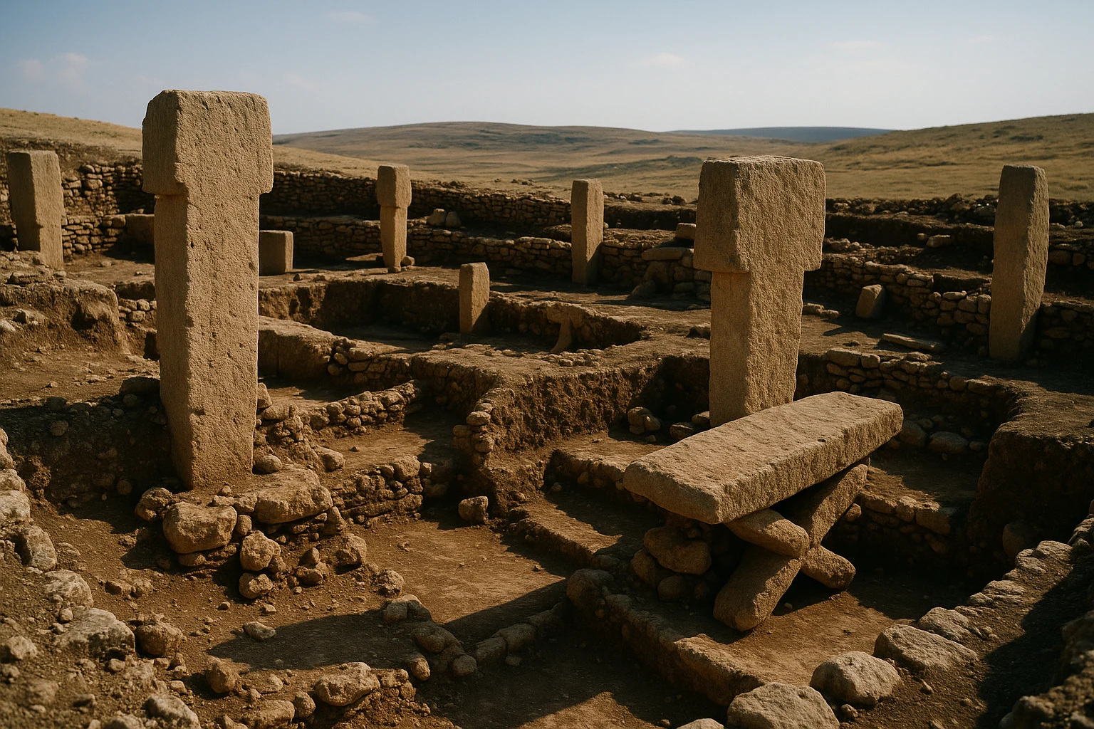 Excavated stone pillars and carved chamber at Karahan Tepe, Turkey