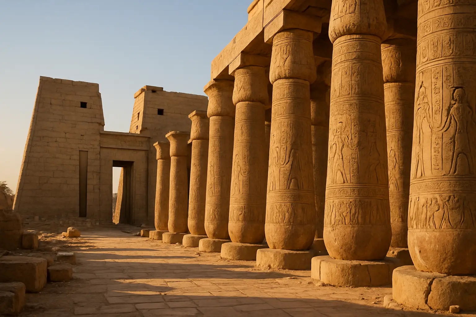Karnak Temple columns and monumental pylons in Luxor