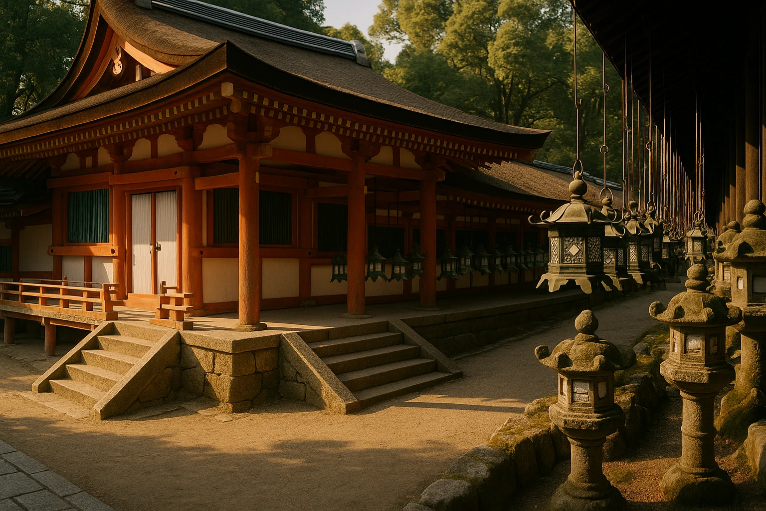 Rows of moss-covered stone lanterns lining the forested approach to Kasuga Taisha Shrine in Nara, Japan
