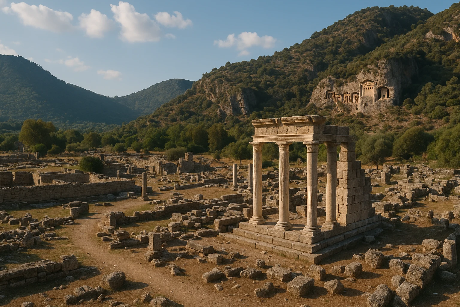 Lycian-style rock-cut tombs above the river at Kaunos, Turkey