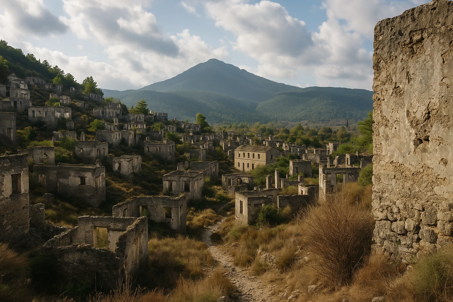 Roofless stone houses climbing the hillside in Kayakoy ghost village, Turkey
