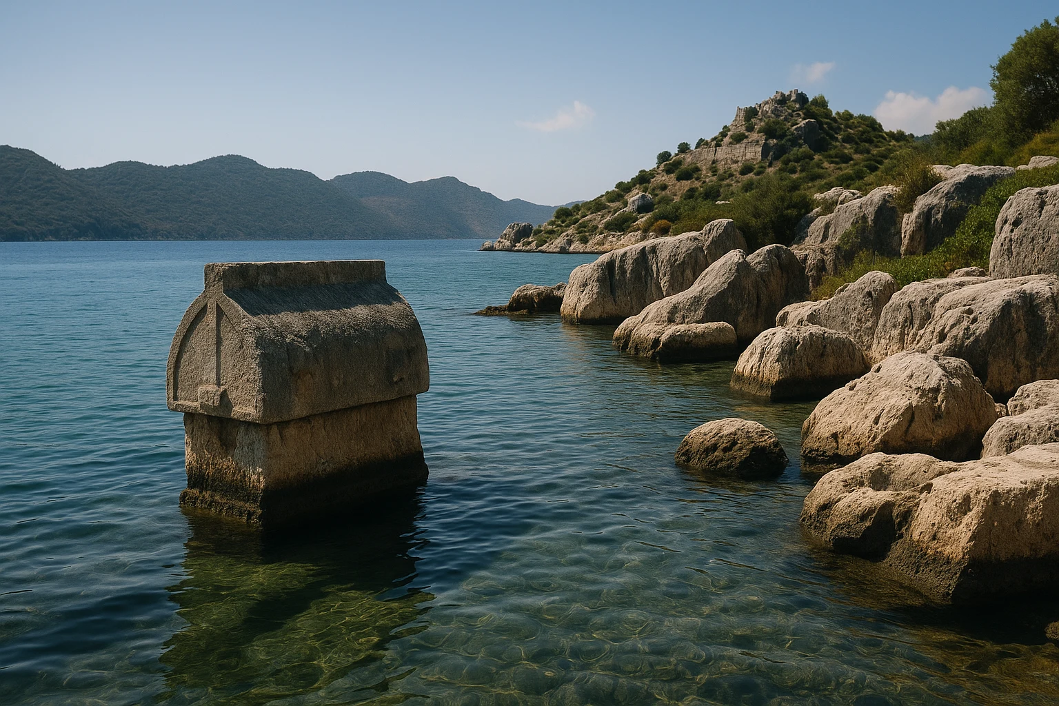 Boat passing the Sunken City shoreline near Kekova Island, Turkey