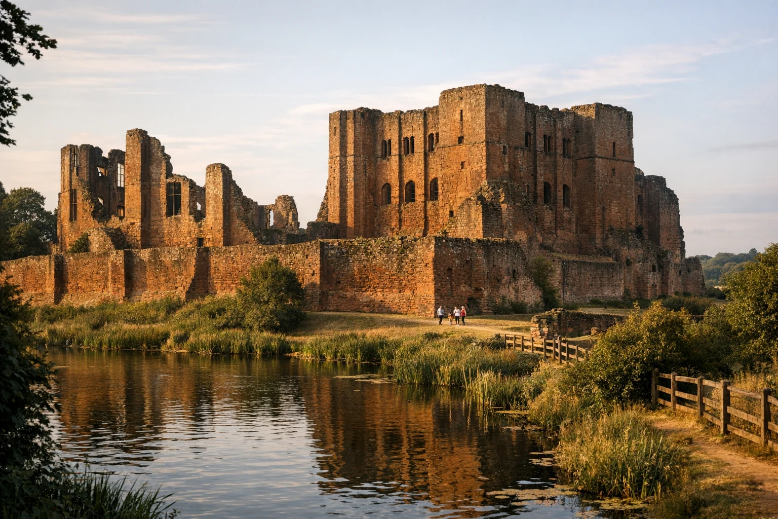 Ruins of Kenilworth Castle in the United Kingdom with its great stone walls and tower rising above the grounds