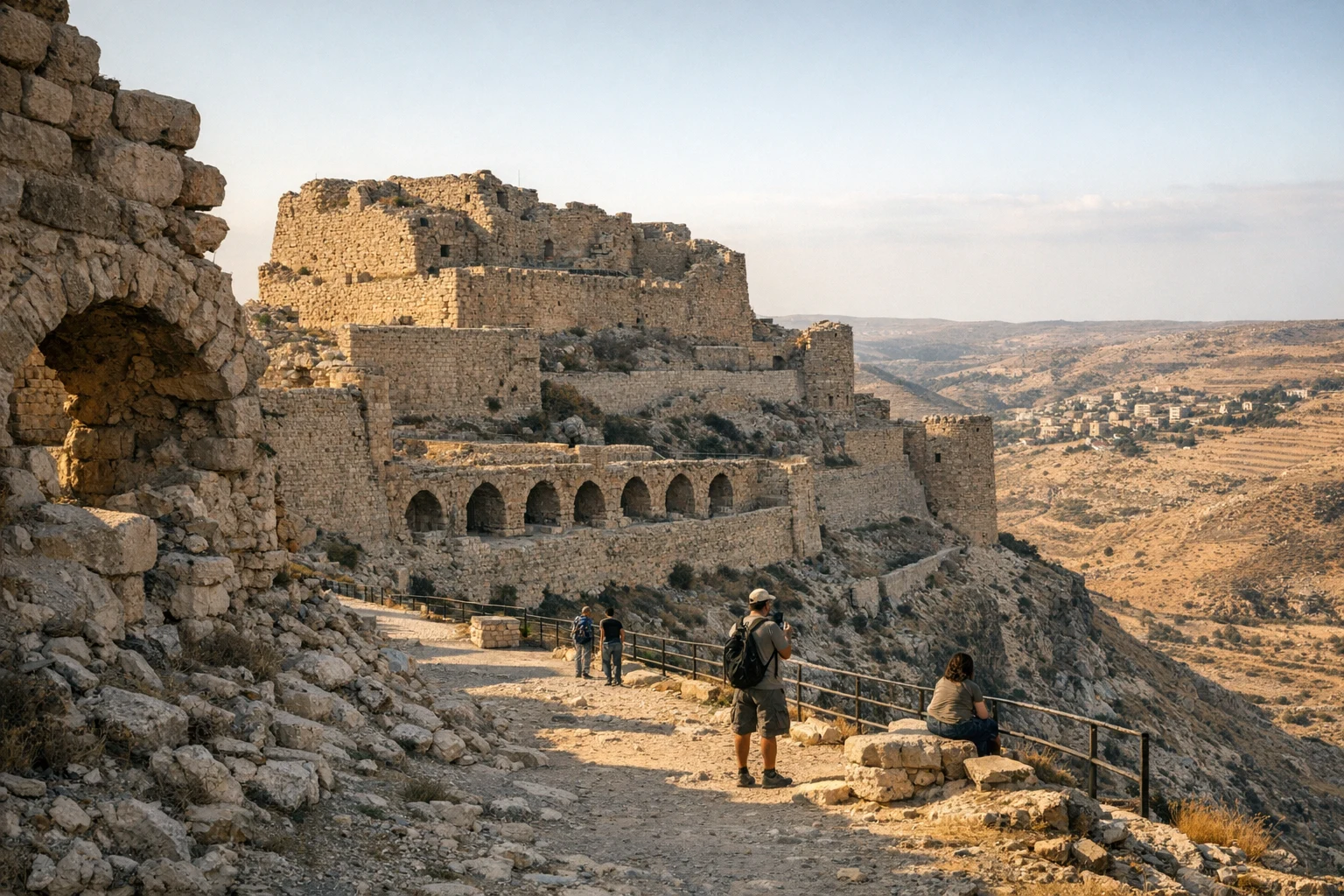 Kerak Castle rising above the town of Al-Karak in Jordan under a clear sky