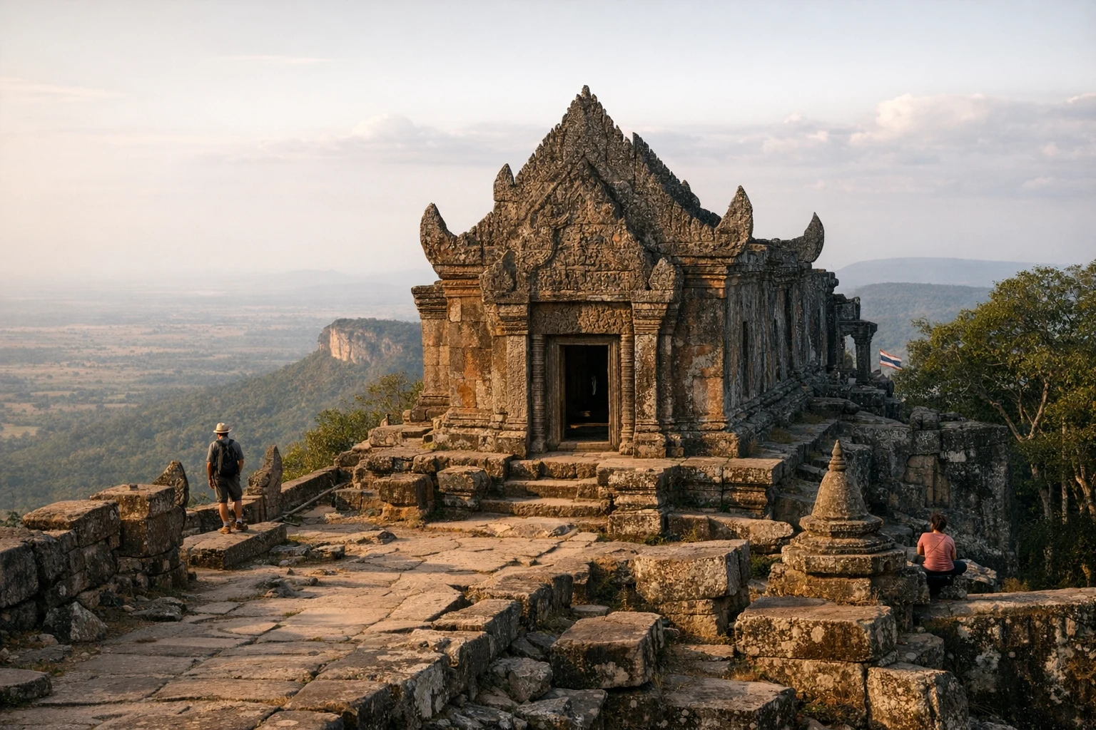 Stone causeway and sanctuary ruins at Khao Phra Viharn in Thailand above the escarpment