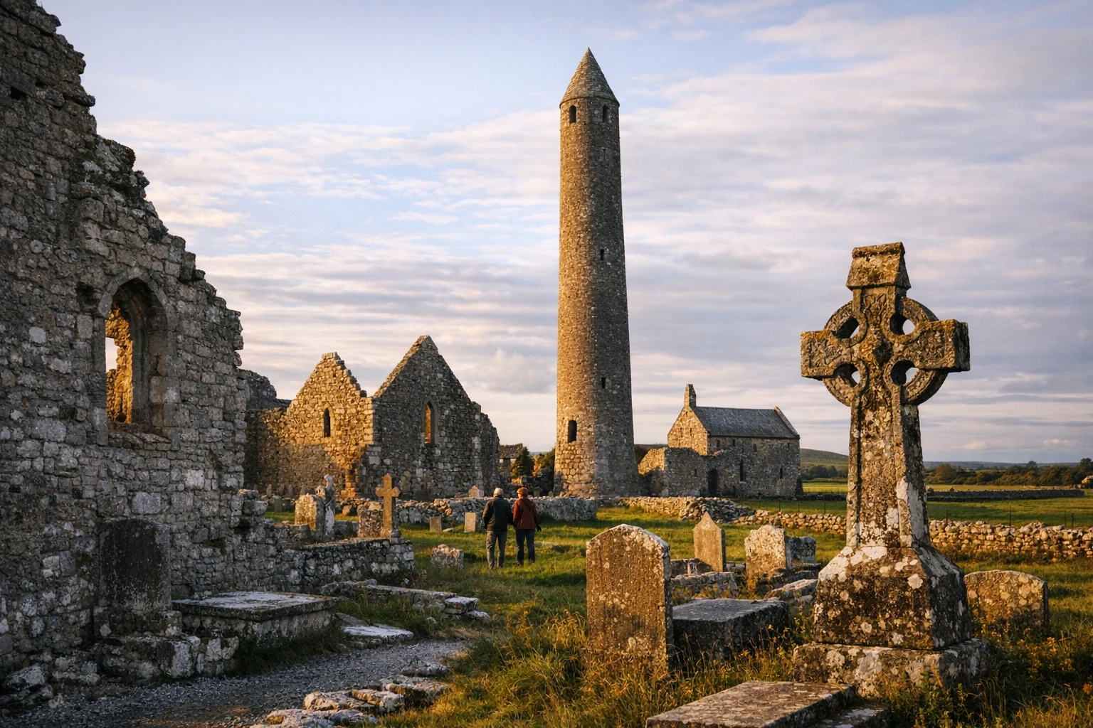 The monastic ruins and leaning round tower of Kilmacduagh in Ireland