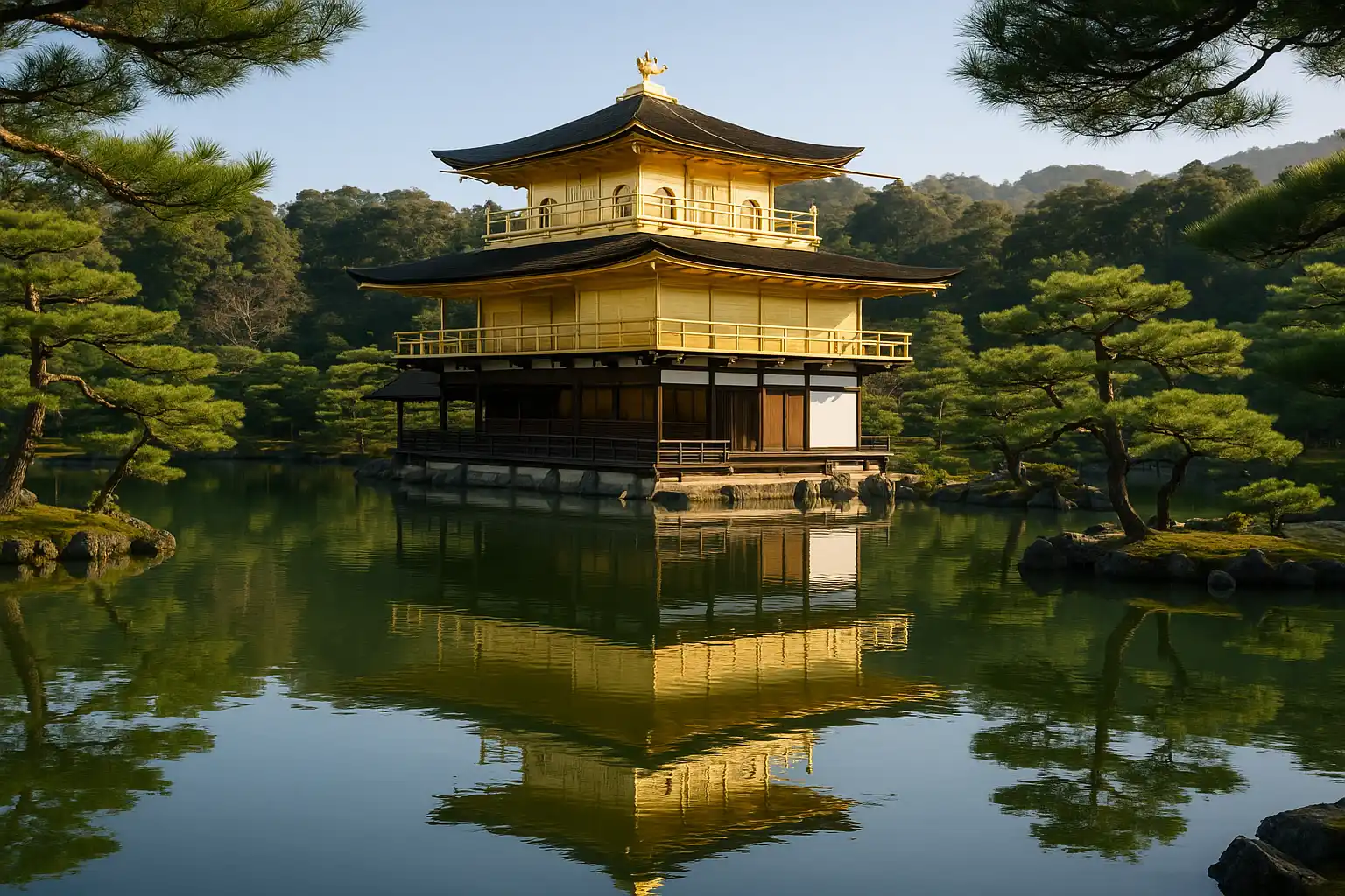 The Golden Pavilion of Kinkakuji Temple reflected in Mirror Pond, Kyoto, Japan