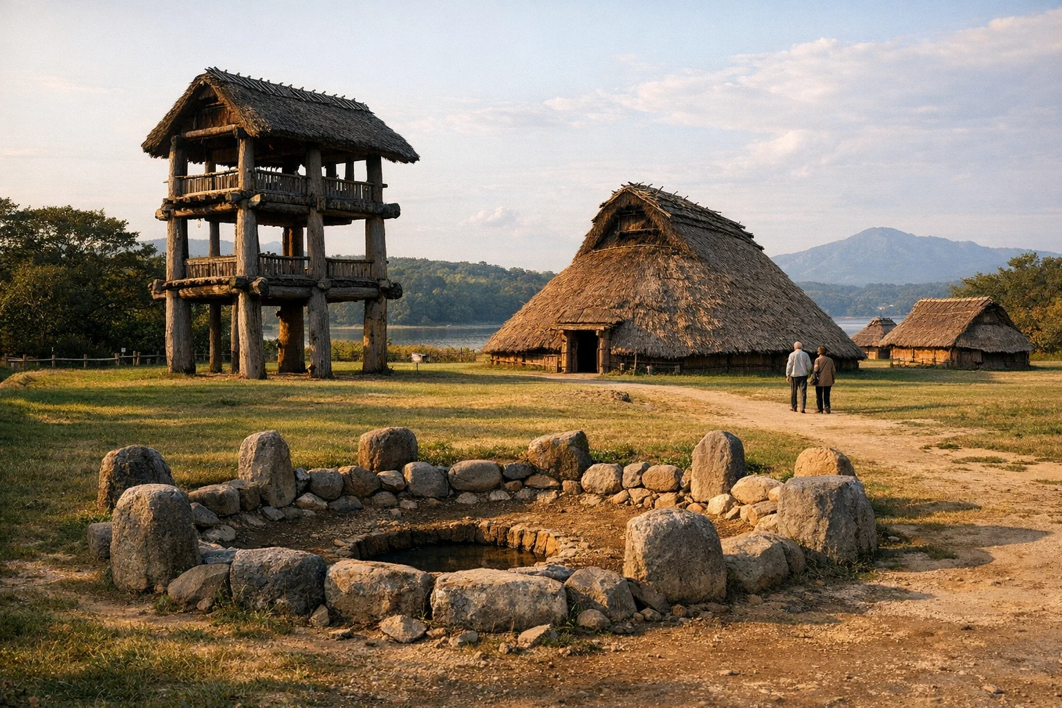 A view of the Kitakogane Site in Hokkaido, Japan, showing ancient shell mounds and coastal landscape