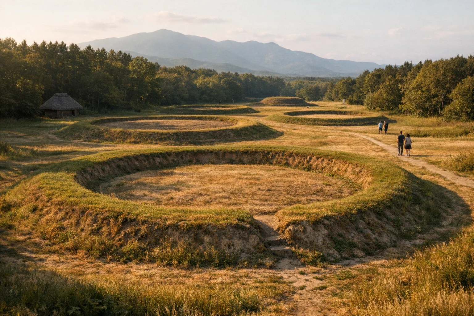 Grass-covered earth rings at Kiusu Earthwork Burial Circles in Hokkaido, Japan