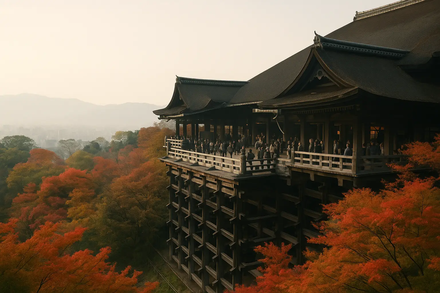 The wooden stage of Kiyomizudera Temple extending over the hillside with Kyoto view, Japan