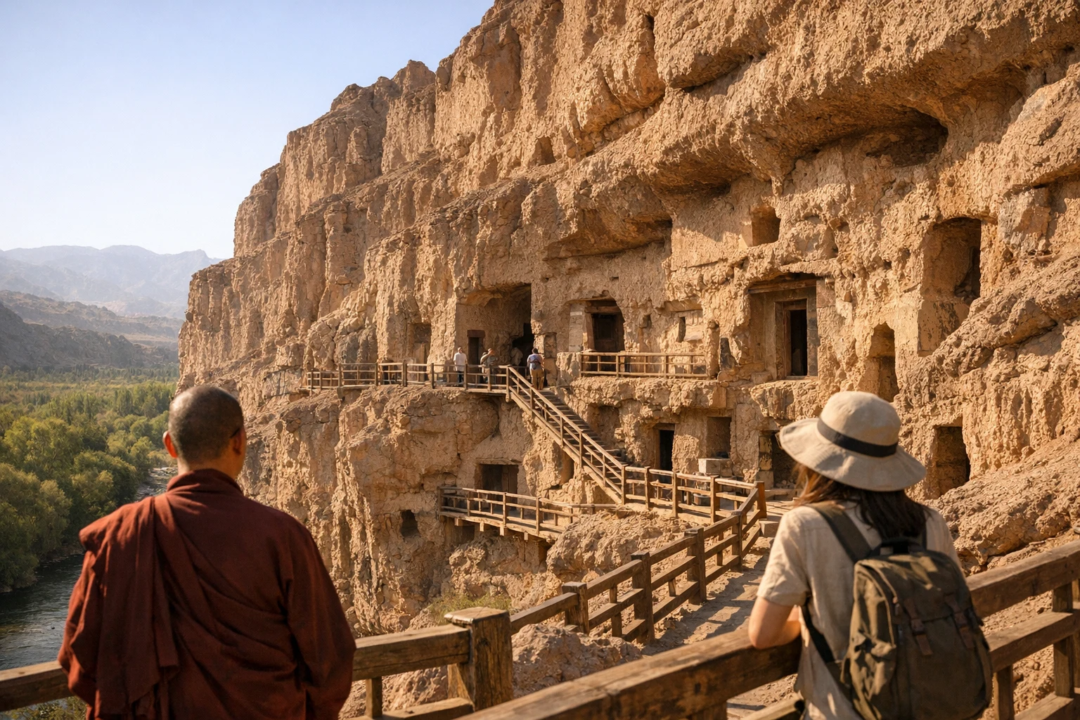 Cliffside cave temples and desert landscape at the Kizil Caves in Xinjiang, China