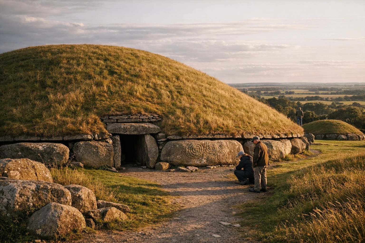 The great mound and surrounding satellite tombs at Knowth in Ireland under changing light