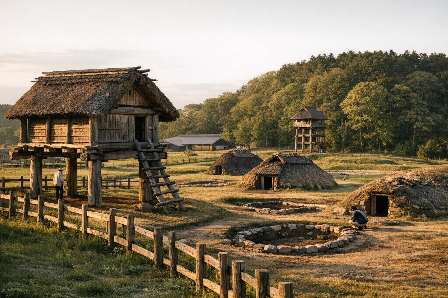 Ancient pit dwellings and reconstructed artifacts at Korekawa Archaeological Site, Japan